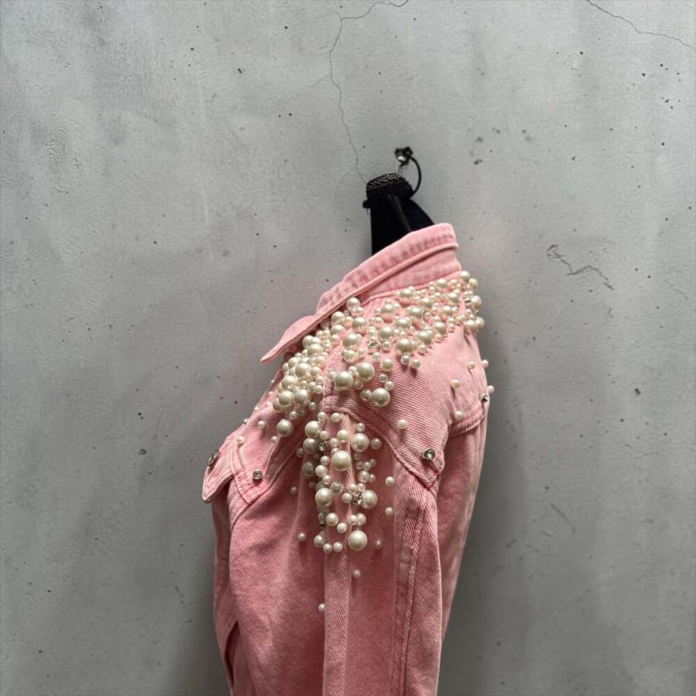 Pink Denim Jacket Rhinestone Pearls - Picture 4 of 8
